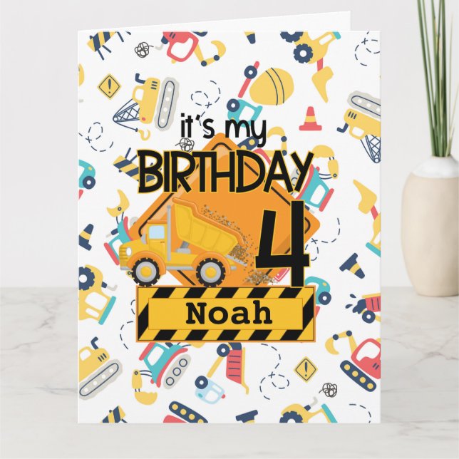 yellow construction truck car 4th birthday card (Front)