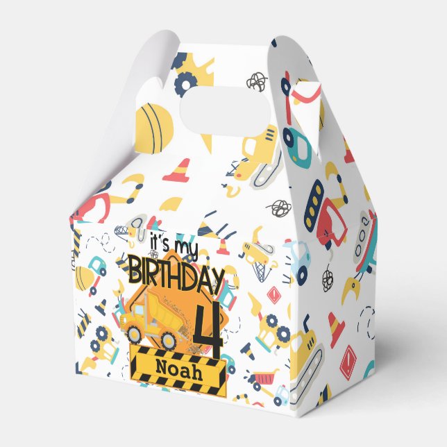 yellow construction truck car 4th birthday favour box (Front Side)