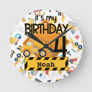 yellow construction truck car 4th birthday round clock