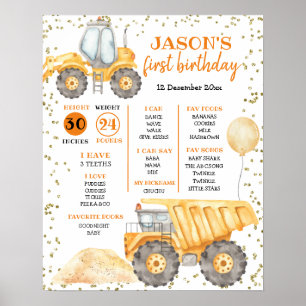 Yellow Construction Truck First Birthday Sign