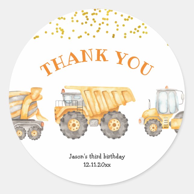 Yellow Construction Truck Thank You Sticker (Front)