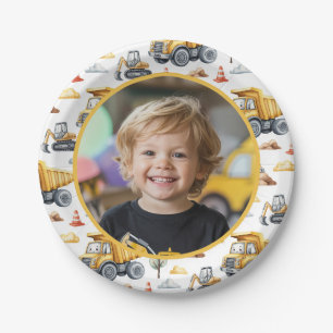 Yellow Construction Trucks Birthday Photo Kids Paper Plate