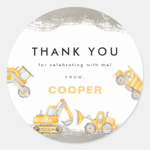 Yellow Construction Trucks Birthday Thank You Classic Round Sticker