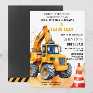 Yellow Construction Trucks Boy Birthday Party Invitation