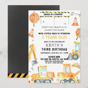 Yellow Construction Trucks Boy Birthday Party Invitation