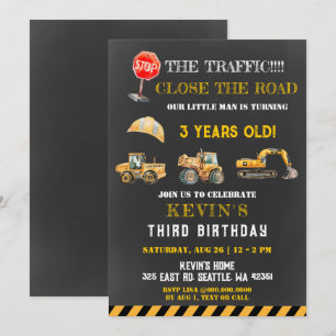 Yellow Construction Trucks Boy Birthday Party Invitation