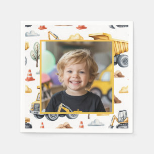 Yellow Construction Trucks Boy Birthday Photo Napkin