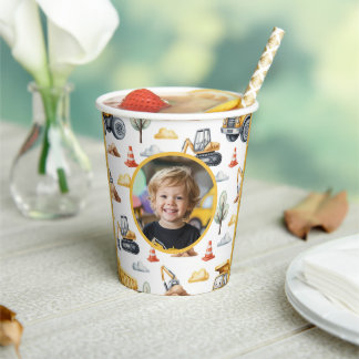 Yellow Construction Trucks Boy Birthday Photo Paper Cups