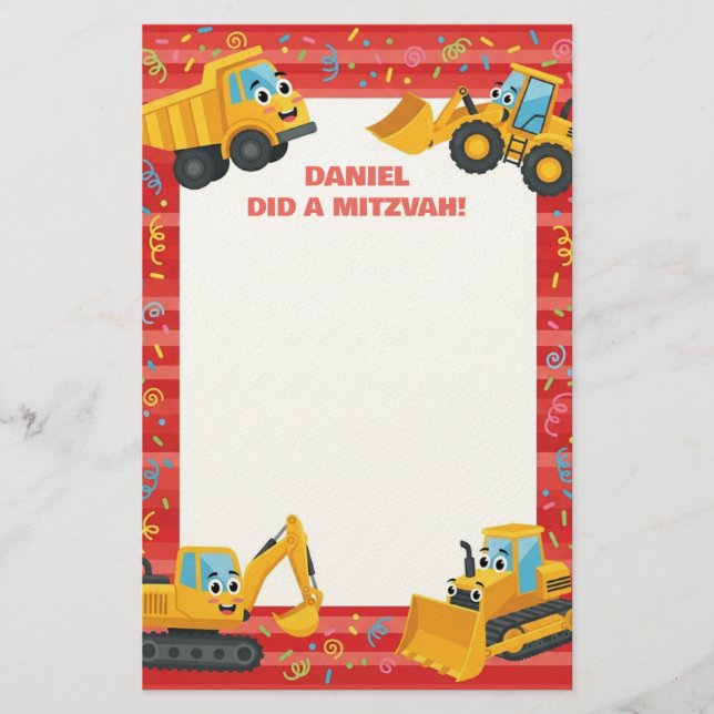 Yellow Construction Trucks Customised Mitzvah Note Stationery (Front)