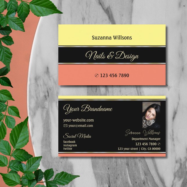Yellow Coral Borders on Black with Photo Stylish Business Card (Creator Uploaded)