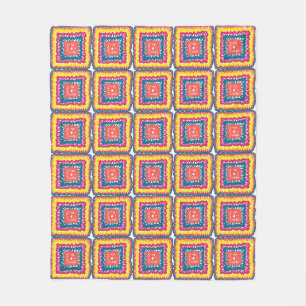 Yellow Coral Teal faux crochet granny square Fleece Blanket