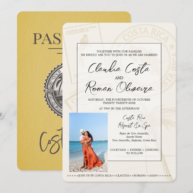 Yellow Costa Rica Passport Wedding Invitation (Front/Back)