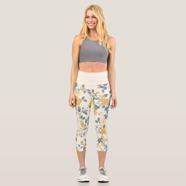 Yellow Cottage Floral  Capri Leggings (Front)
