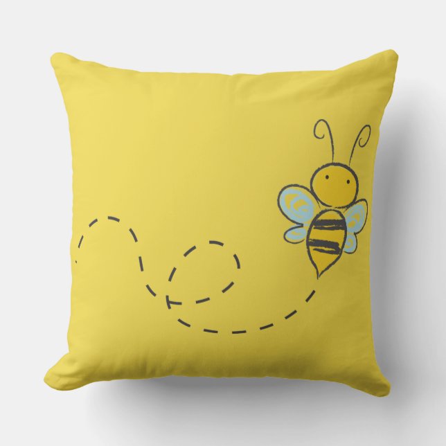 YELLOW COTTON THROW PILLOW BEE IN FLIGHT (Front)