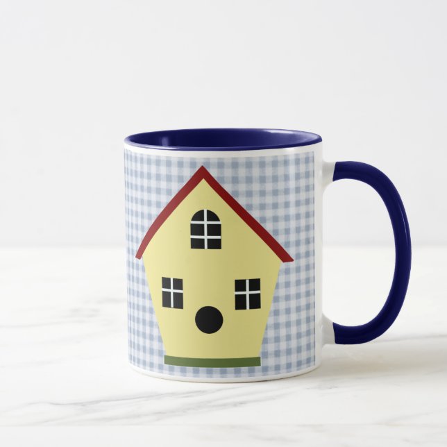 Yellow Country Birdhouse Blue Plaid Coffee Mug (Right)