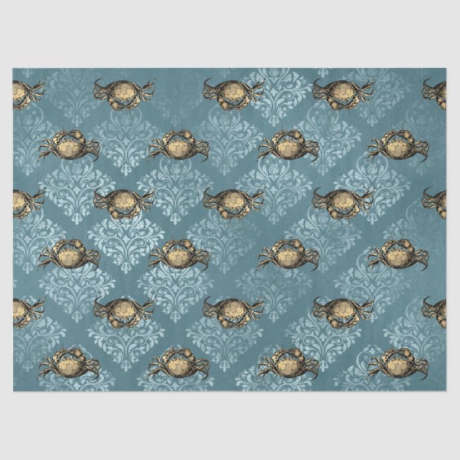 Yellow Crabs and Blue Damask Decoupage Tissue Paper (Front)
