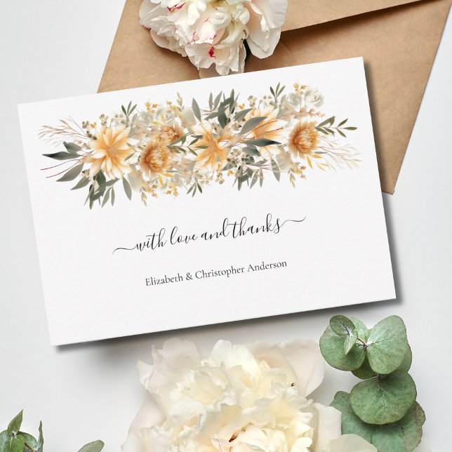 Yellow Cream Beige Floral Botanical Boho Wedding  Thank You Card (Yellow Beige Cream Boho Floral Botanical Wedding Thank you cards)