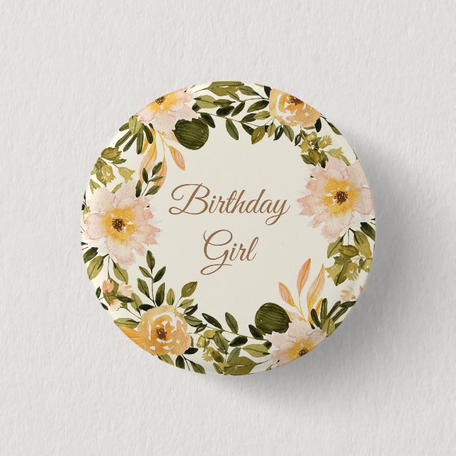Yellow Cream Floral Birthday Girl  3 Cm Round Badge (Front)
