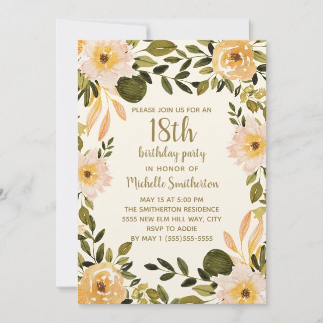 Yellow Cream Floral Greenery 18th Birthday Invitation (Front)