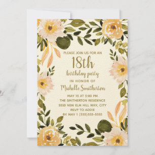 Yellow Cream Floral Greenery 18th Birthday Invitation