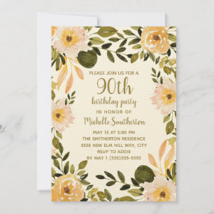 Yellow Cream Floral Greenery 90th Birthday Invitation