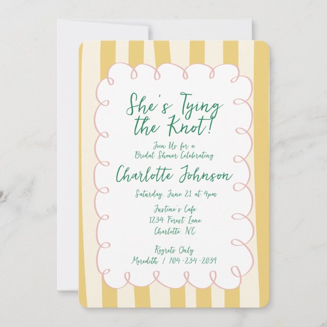 Yellow Cream Striped She's Tying the Knot Bridal Invitation (Front)