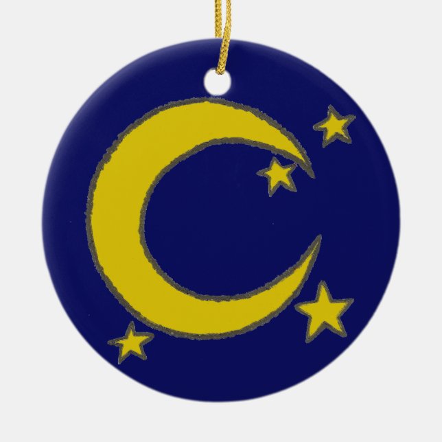 Yellow Crescent Moon Blue Night Sky Star Astronomy Ceramic Tree Decoration (Front)