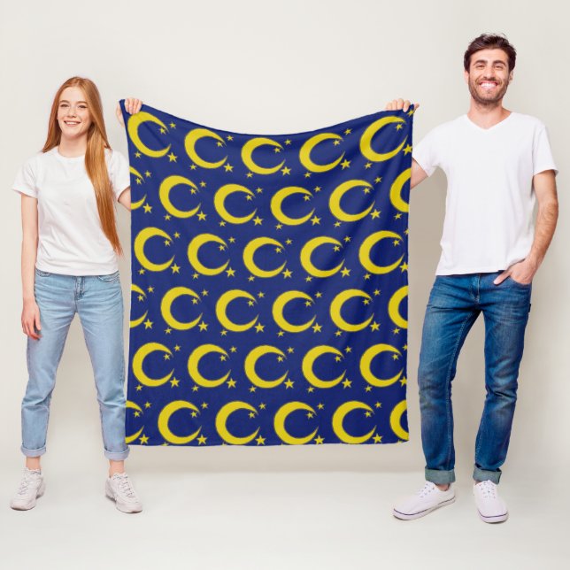 Yellow Crescent Moon Blue Night Sky Star Astronomy Fleece Blanket (In Situ)