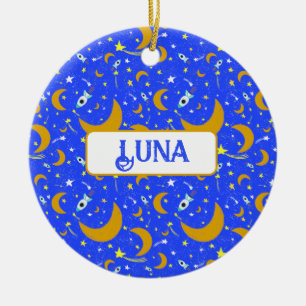 Yellow Crescent Moons shooting Star Space Rockets Ceramic Tree Decoration