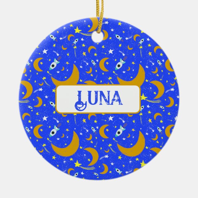 Yellow Crescent Moons shooting Star Space Rockets Ceramic Tree Decoration (Front)