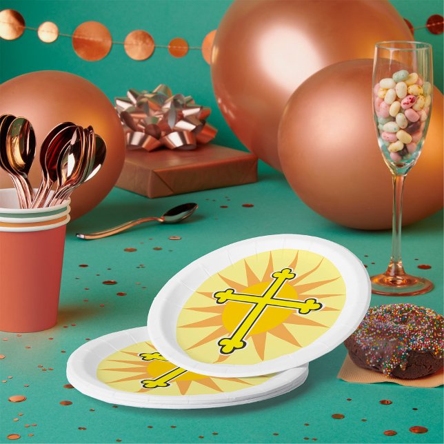Yellow Cross Bottony Sunburst Christian Faith Paper Plate (Creator Uploaded)