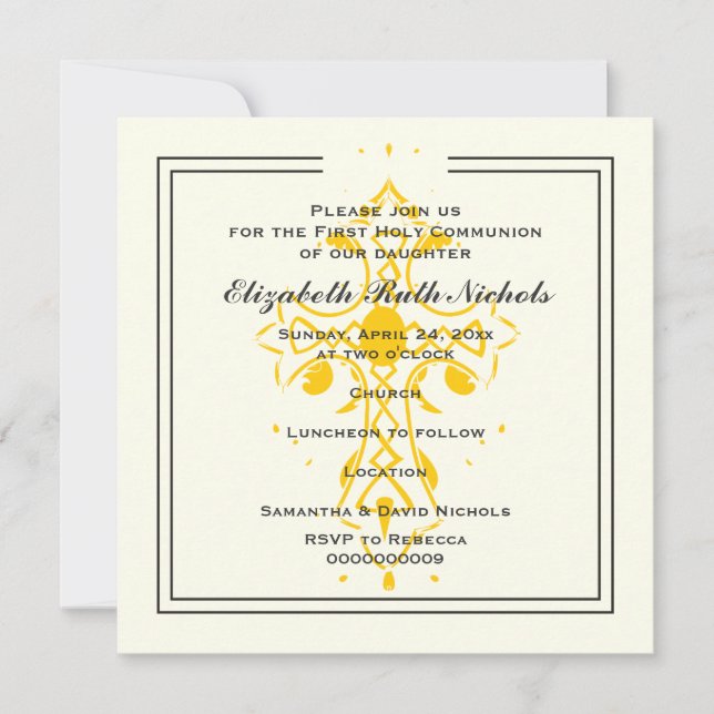 Yellow Cross First Communion Confirmation Invitation (Front)