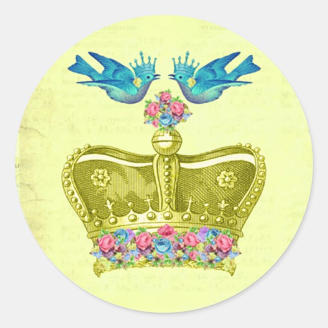 Yellow crown with blue birds and flowers classic round sticker (Front)