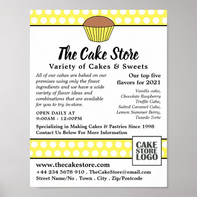 Yellow Cupcake & Polka Dot, Cake Store Advertising Poster (Front)