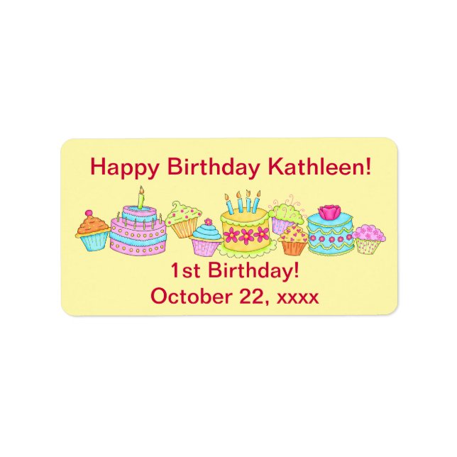 Yellow Cupcakes /Cake Happy 1st Birthday Custom Label (Front)