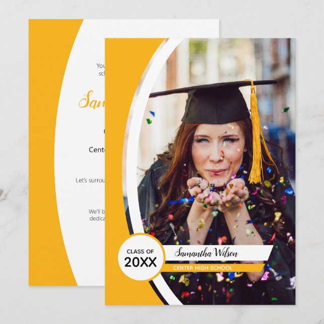 Yellow Curved Frame Photo Graduation Invitation (Front/Back)