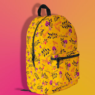 Yellow Custom Baby Name Fairytale Mushrooms Printed Backpack