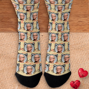 Yellow Custom Boyfriend Girlfriend Photo Cat Face Socks