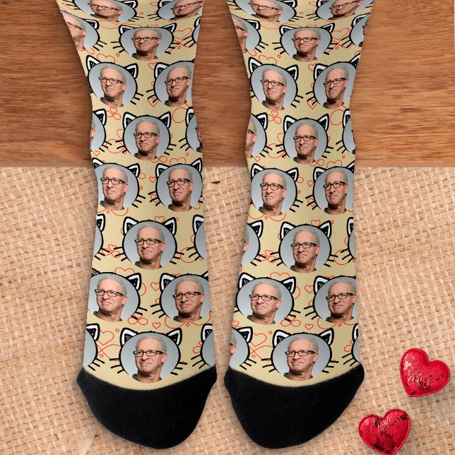 Yellow Custom Boyfriend Girlfriend Photo Cat Face Socks (Creator Uploaded)