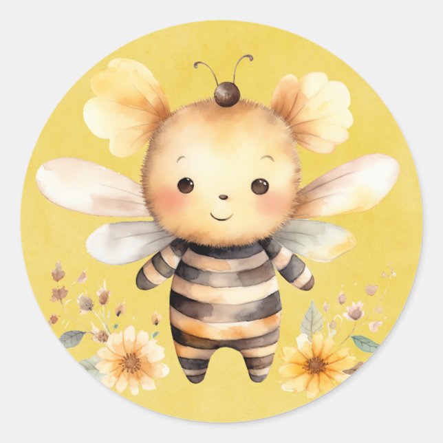 Yellow Cute Bee Florals Baby Shower Classic Round Sticker (Front)