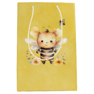 Yellow Cute Bee Florals Baby Shower Medium Gift Bag