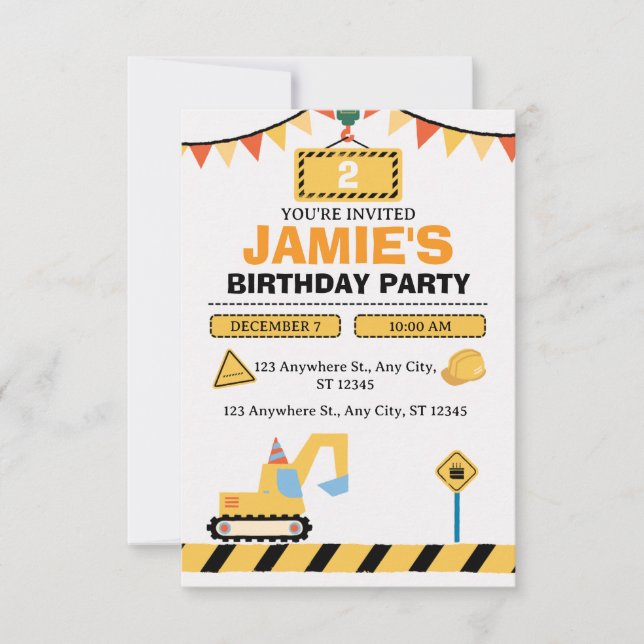 Yellow Cute Construction Truck Boys 2nd Birthday Invitation (Front)