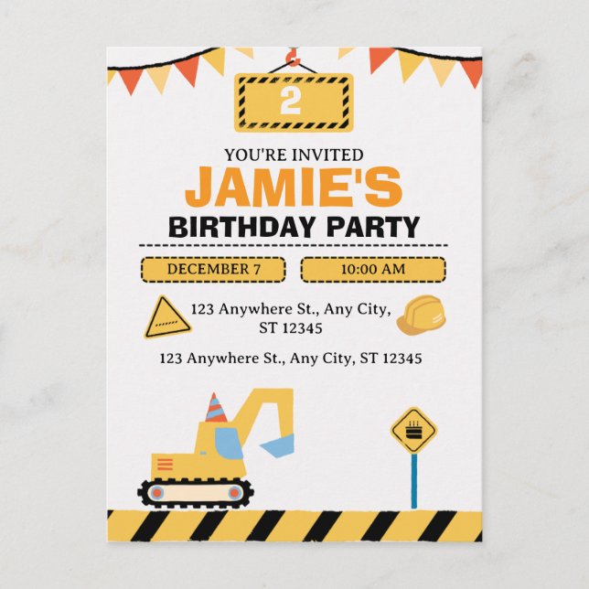 Yellow Cute Construction Truck Boys 2nd Birthday Postcard (Front)
