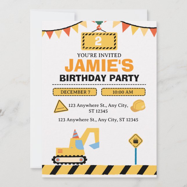 Yellow Cute Construction Truck Boys 2nd Birthday Save The Date (Front)