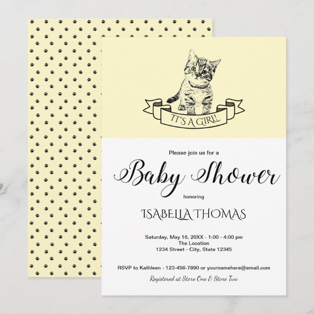 Yellow Cute Kitten Baby Shower Invitation (Front/Back)