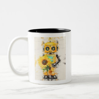 Yellow cute toy robot holding a sunflower Two-Tone coffee mug
