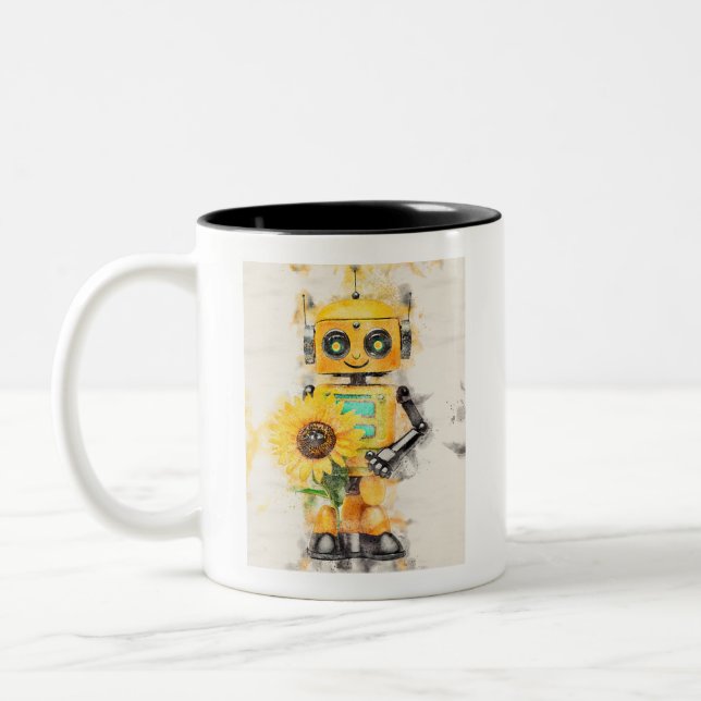 Yellow cute toy robot holding a sunflower Two-Tone coffee mug (Left)