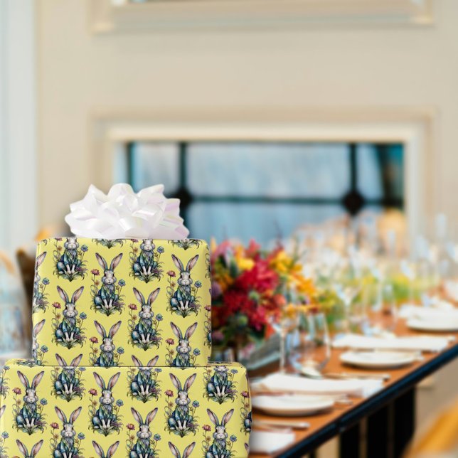 Yellow Cute Watercolor Bunny Floral Easter Wrapping Paper (Creator Uploaded)