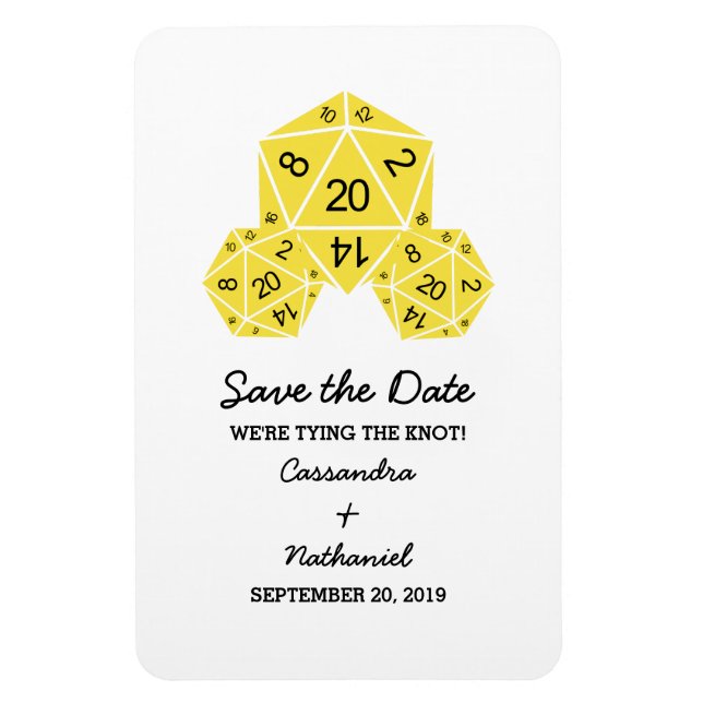 Yellow D20 Dice Save the Date Magnet (Vertical)