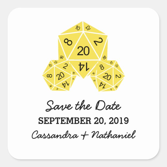 Yellow D20 Dice Save the Date Stickers (Front)